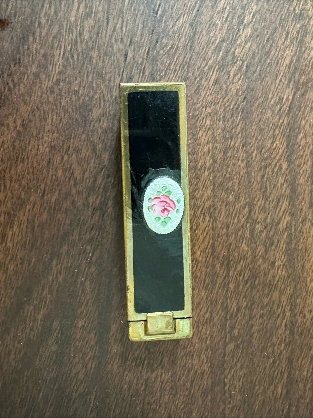 Vintage Black & Gold Floral Lipstick Case Holder with Rose Cameo